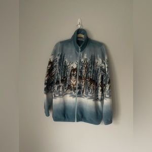 Vintage Blair blue zip fleece jacket - wolf, forest, woods art print, shearling